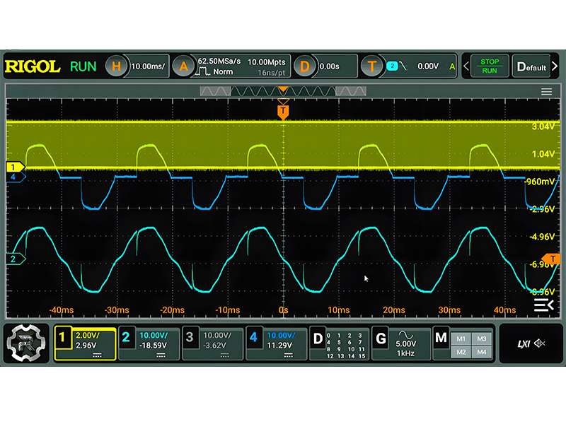 Oscilloscope traces showing voltage waveforms in AC driving mode with polarity inversion